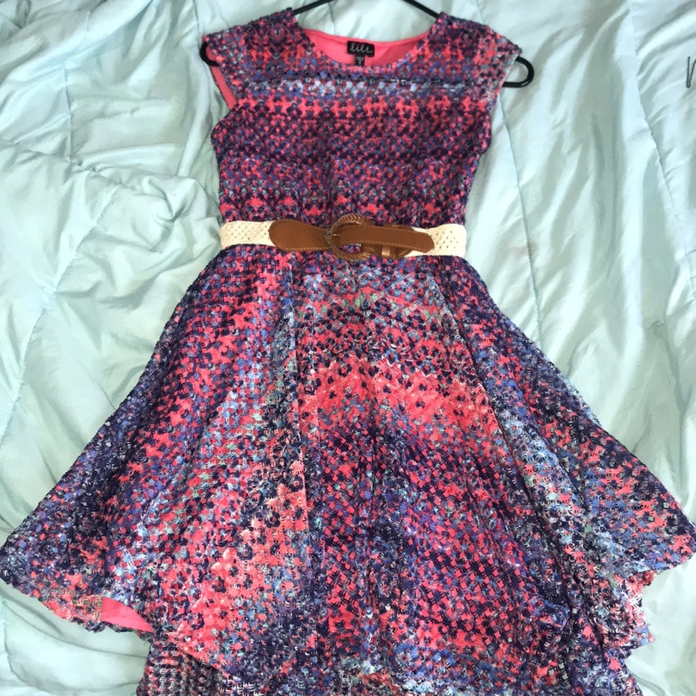 - beautiful,pink,blue,and purple dress with belt!